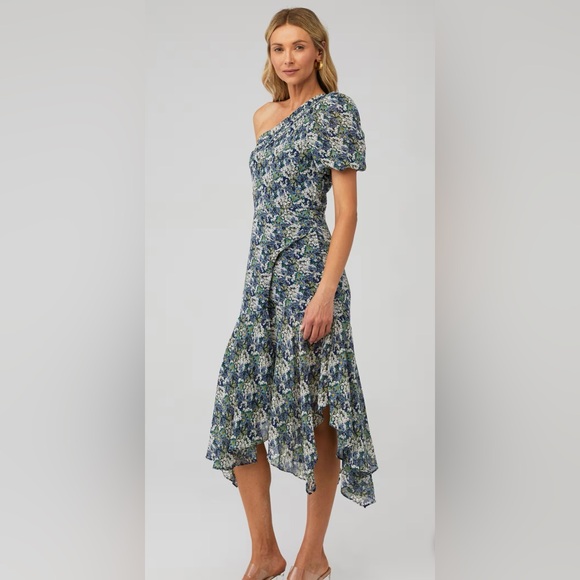 Astr Dresses & Skirts - ASTR The Label Santorini XS One Shoulder Floral Midi Dress Blue Green Puff